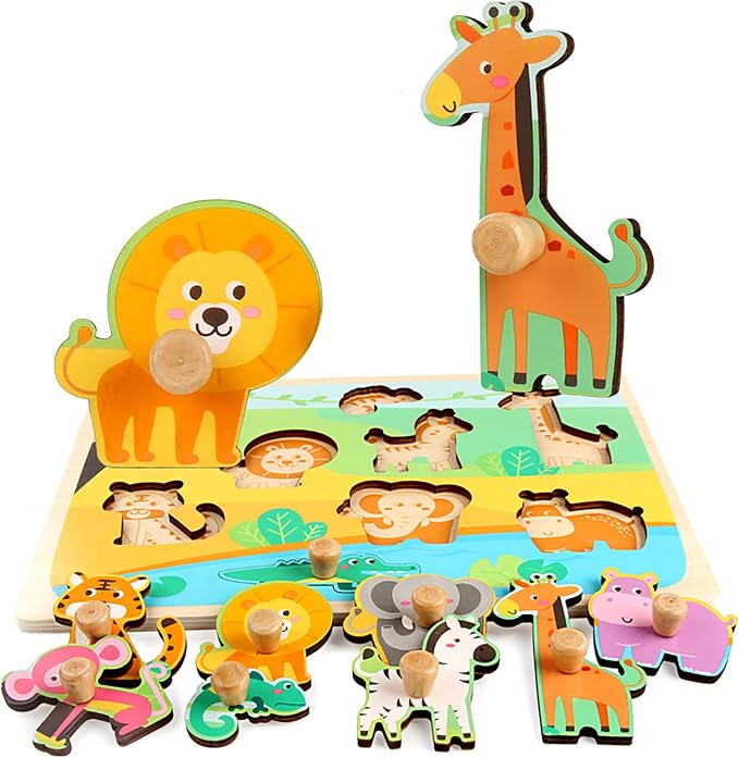 Wooden Peg Puzzles for Toddlers 1-3 - Montessori Educational Learning Puzzle Toys for Baby Gifts