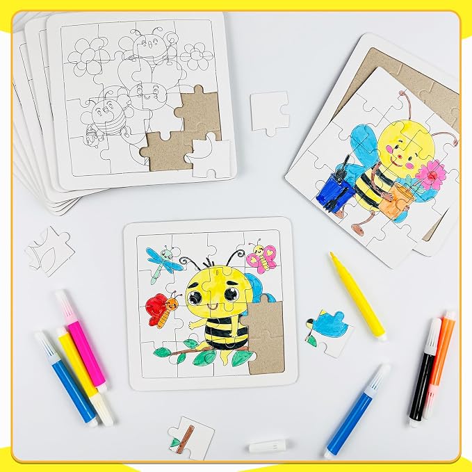 Cinrobiye 24 PCS Bee Coloring Jigsaw Craft Kit for Kids, DIY Bumblebee Activity Set Bulk with 12 Designs, Spring Insect Party Favors, Classroom Art Projects, Summer Decorations