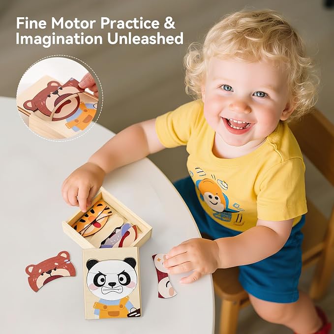 Emotion Animals Wooden Puzzle for Ages 3+, Mix-and-Match Animal Faces with Storage Box, Montessori Toy for Fine-Motor & Storytelling, Birthday