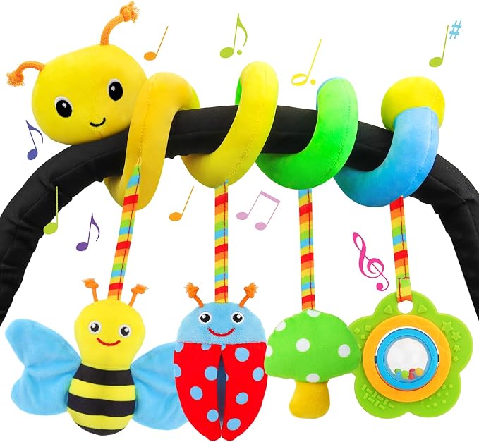 Car Seat Toys for Babies 0-6 Months, Upgraded Version | Spiral Activity Soft Plush Hanging Toys with Rattles, Fits Car Seat & Stroller, Ages 0 and Up