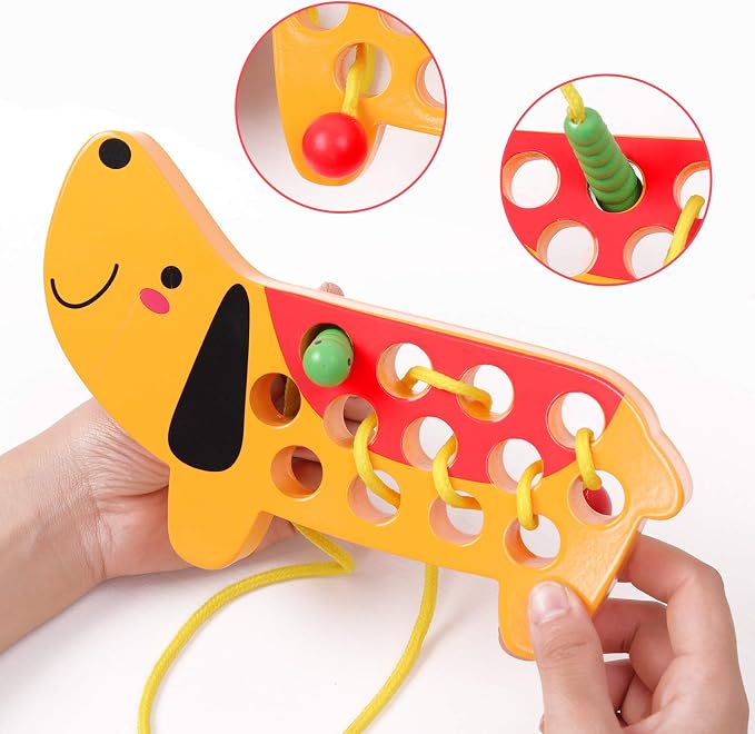 Wooden Lacing Threading Toys Fine Motor Skill Toys for 3 Year Old | Educational and Learning Montessori Toddler Travel Toy 1 Strawberry and 1 Dog