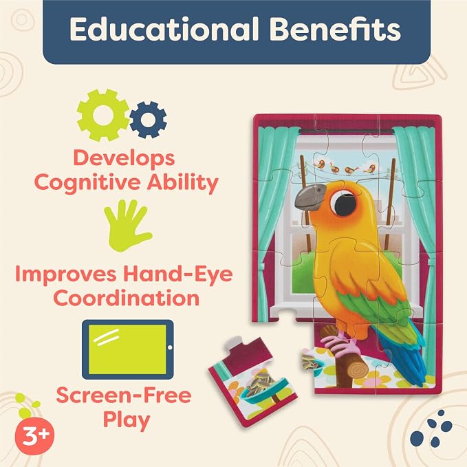 B. toys Wooden Puzzle Set, 4 Animal Puzzles with Wooden Box, Pets | Pack o' Puzzles - Pets includes 4 wooden 12-piece puzzles with cat, dog, bird, and hamster; color-coded backs; 3+ Years