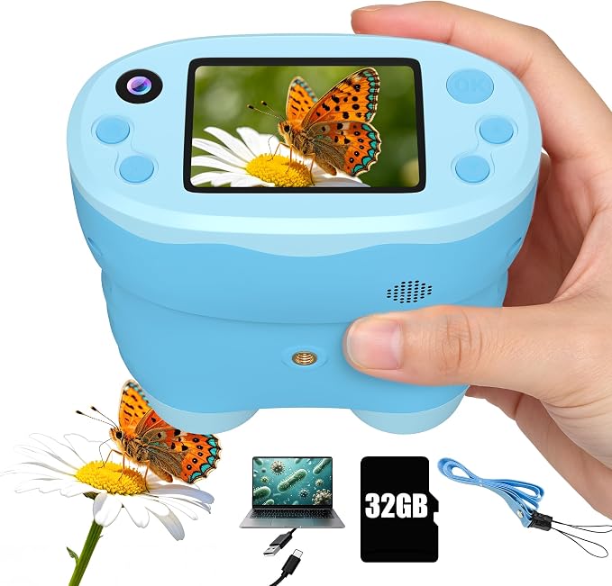 1000X Handheld Microscope for Kids 2.0" Screen 32GB Card Included | Rechargeable 3 in 1 Pocket Digital Kids Microscopes with Camera & Selfie Lens, Edu Science Kits for Kids 4-6 8-12 Blue