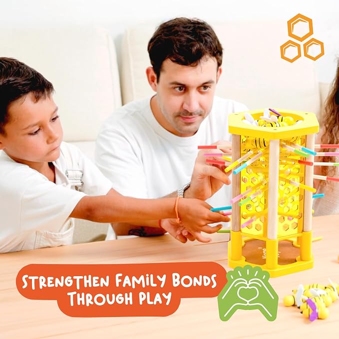 Nene Toys BeeFall Jumbo, 4-in-1 Wooden Honey Bee Toy for Kids Ages 3-9 - Educational Game with Wooden Honeybee Hive, 12 Bees, Colorful Sticks, Dice & Cards - Fun Family Game for Cognitive Development