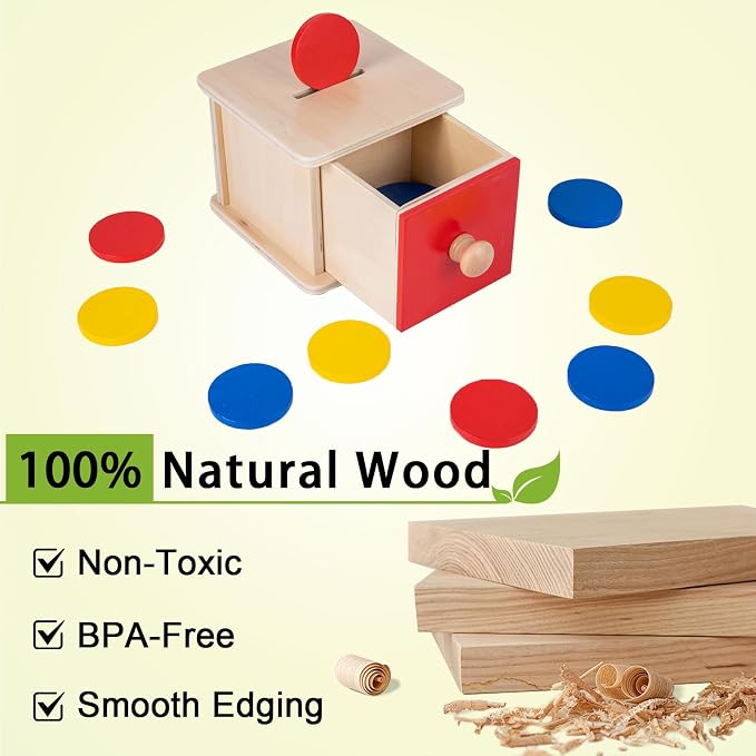 Adena Montessori Coin Lock Box Object Permanence 6-12 Months | Red drawer, red yellow blue coins. Smooth burr-free. Color sorting, hand-eye coordination, fine motor. Learning gift.