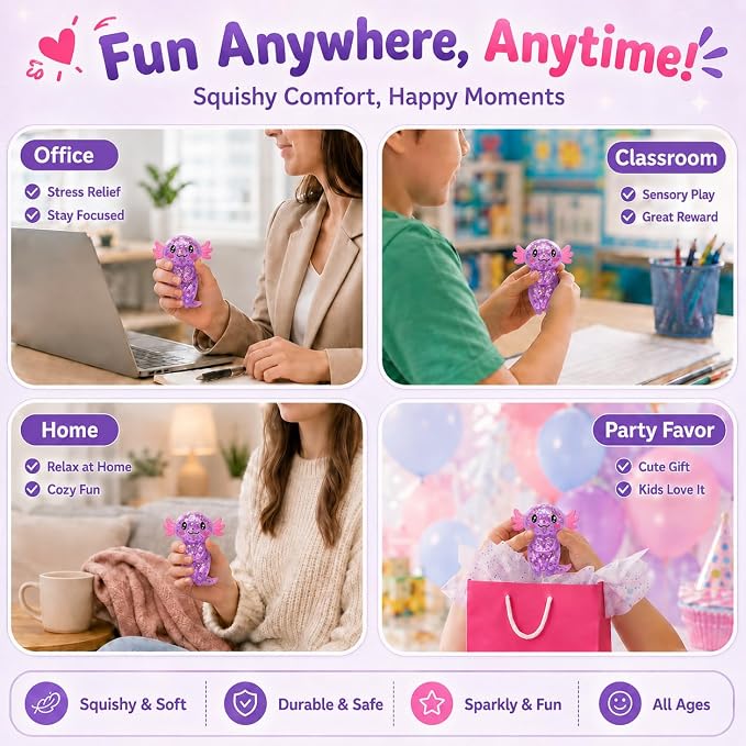 Axolotl Squishy Stress Ball, Soft TPR Slow Rising Squeeze Toy, Cute Axolotl Fidget Toy for Stress Relief, Anxiety Calming Sensory Toy for Kids Adults(Purple Long Tail Axolotl)