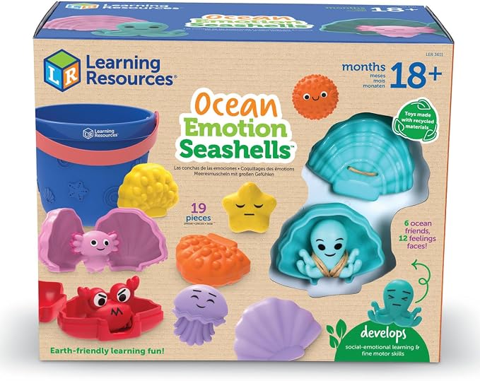 Learning Resources Ocean Emotions Seashells | Sea Animals and Bucket, Sand Toys for Sandbox, Kids Beach Toys, Summer Sensory Bin Toy, Outdoor Water Toddler Toy