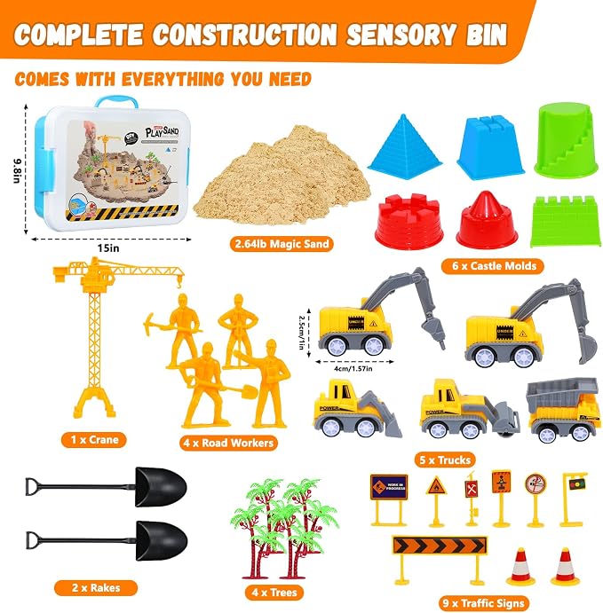 Construction Sensory Sand Kit, Complete Sensory Bin with Lid | 2.64lbs Magic Sand, Construction Tools, STEM Montessori Construction Sensory Toys for Kids 3-8, Boy Christmas Birthday Gifts