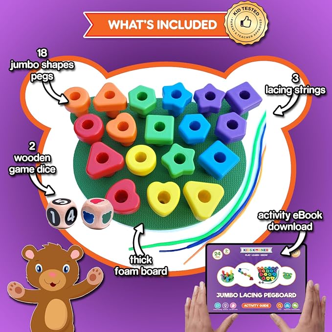 Grab & Stack Jumbo Shapes Pegboard - Sort, Count, Match & Play 18pc + eBook