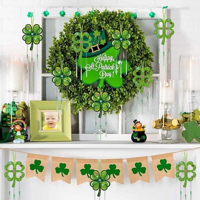 Fennoral 10 Pack St. Patricks Day Shamrock Wind Chime Kit for Kids Make You Own Four Leaf Clover Wind Chimes St Patricks Day Wooden Ornaments for Kids Art and Craft St.Patrick's Day Party Decoration