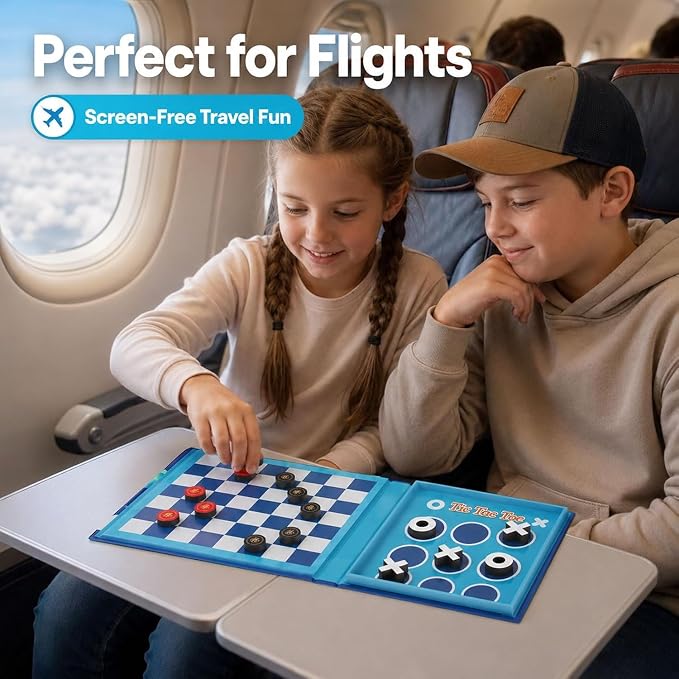 TRAVOFUN Magnetic Checkers Board Game | Travel Games for Kids 8-12 | Foldable travel checkers game with tic-tac-toe keeps magnetic pieces secure for car rides, flights, camping, and family play.