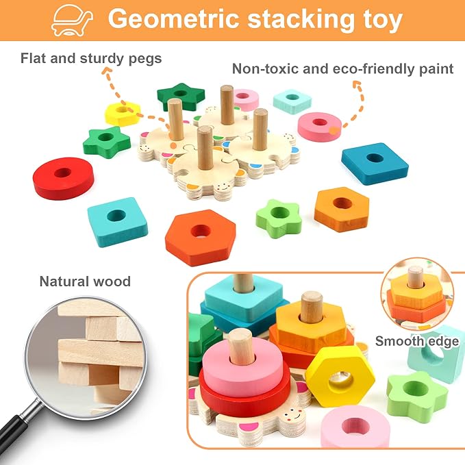 WOOD CITY Montessori Wooden Stacking Toy for Toddlers, Detachable Turtle Shape Sorter with Color & Size Recognition, Early Learning Educational Gift Develops Hand-Eye Coordination & Spatial Awareness