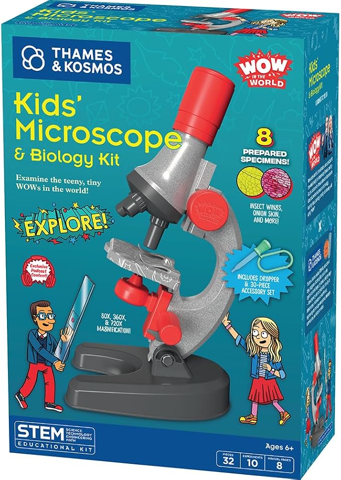 Wow in The World Kids’ Microscope & Biology Kit, Up to 720x Magnification, LED Illumination, Prepared & Blank Slides, Companion Audio Content, Beginner Science Gift for Ages 6+ by Thames & Kosmos