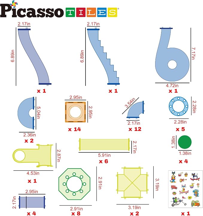 PicassoTiles 62pcs Magnetic Tile Pete the Cat Magnetic Marble Run Toy Set with Race Track Tubes Marbles and Stickers STEM Educational Construction Building Blocks for Kids Boys Girls Ages 3 Up PTG03