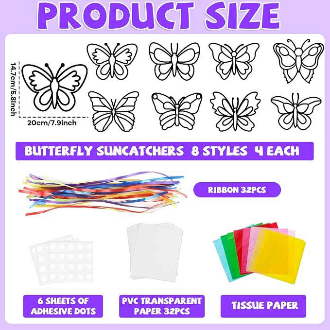 Lonfliness 32 Sets Butterfly Suncatcher Craft Kit DIY VBS Window Stain Glass Effect Paper Butterfly Sunday School Classroom Decors Spring Easter Art Craft Creative Activity Project Kid Gift Favor