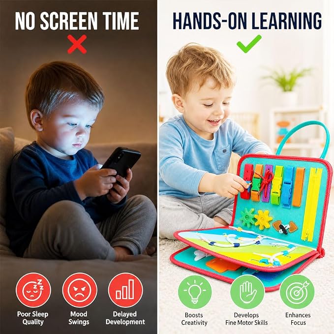 Montessori Busy Board & Busy Book for Toddlers with 10+ Sensory Activities, Fine Motor Skills Learning Toy with Shoe Lacing Practice, Quiet Travel Toy for Airplane & Car, Birthday Gift for Boys Girls