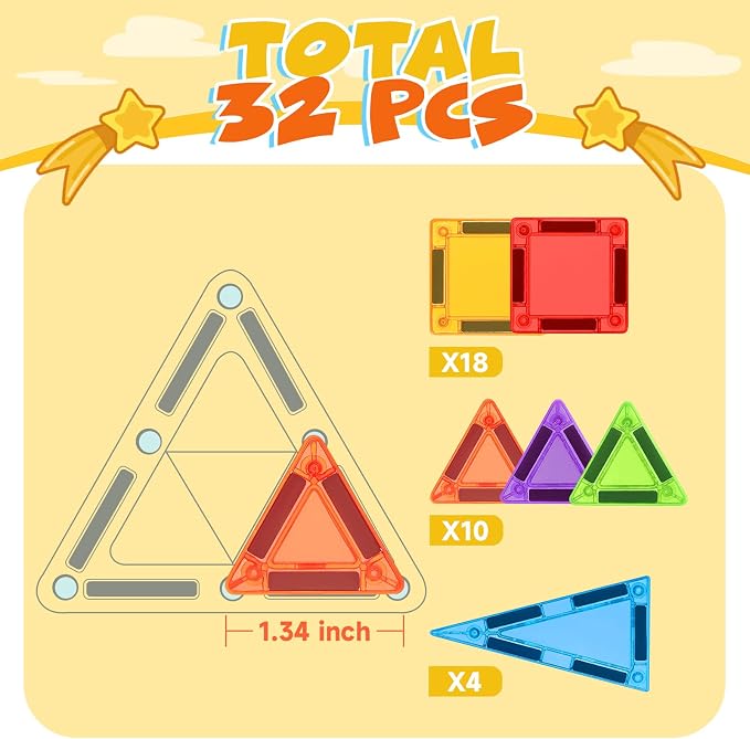 Mini Magnetic Tiles 32pcs, STEM Travel Building Blocks Set for Toddlers 3-10, Portable Construction Toys for Boys & Girls