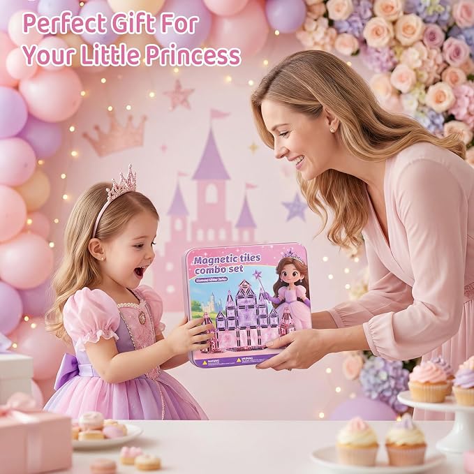 Magnetic Tiles Girls Travel Toy: 42 PCS Pink Glitter Castle Tin Box | 120 Mins Quiet Play & 60s Cleanup On the Go for Airplane Road Trips - Portable Safe Building Blocks Toddler Kids Gift Age 3-6