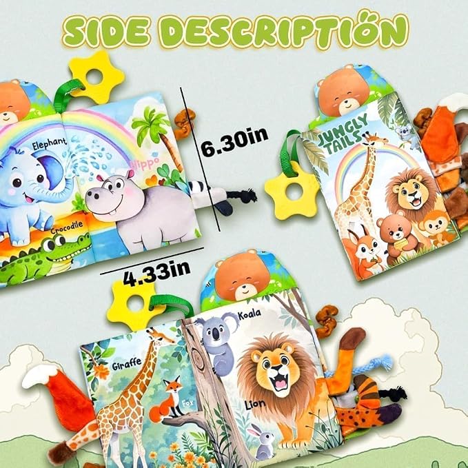 Kimicare Baby Toys 0-6 Month, Crinkle Books for Babies, Jungle Animal Tails Soft Baby Cloth Books 6 to 12 Months, Infant Tummy Time Sensory Toys, Birthday Gifts Christmas