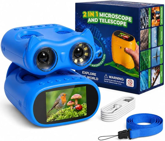 2-in-1 Kids Microscope and Telescope, 1000X Handheld Digital Microscope for Kids, 2.0" Screen, 8 LEDs, 10X Pocket Telescope for Outdoor, 1080P Camera STEM Toys Gifts for Boys Girls 4-12, Blue