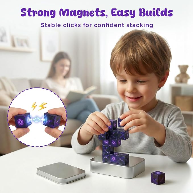 3 otters 12PCS Magnetic Blocks, with a Storage Box, Portal | Pocket-Sized, Travel Magnet Cubes, STEM Toy for Toddler Gifts, Car Trips, Airplane Travel, Preschool Learning