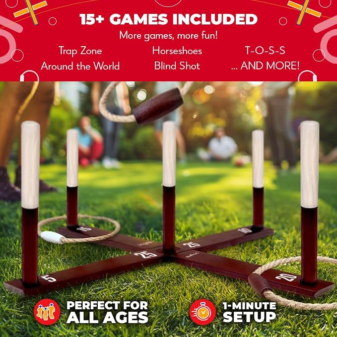 Swooc Games - Rustic Ring Toss Game (All Weather) - Easy Setup & Extra Games Included - Ring Toss Game for Adults - Outdoor Activities for Adults - Yard Toys for Kids - Backyard Fun - Outdoor Party