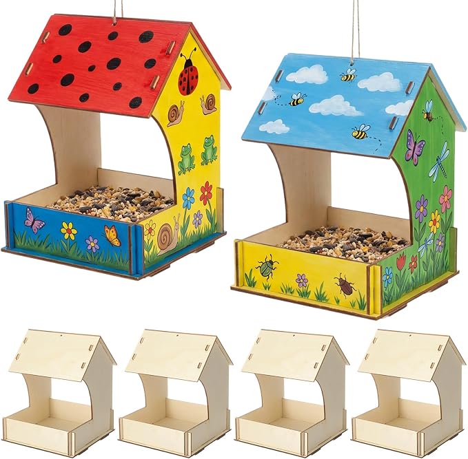 6 Pack Bird Feeder Kits Bulk Wooden DIY Birdhouse Kits Unfinished Bird Feeder Birdhouse to Paint Wood Craft for Educational Fun Art Outdoor Activities Gifts