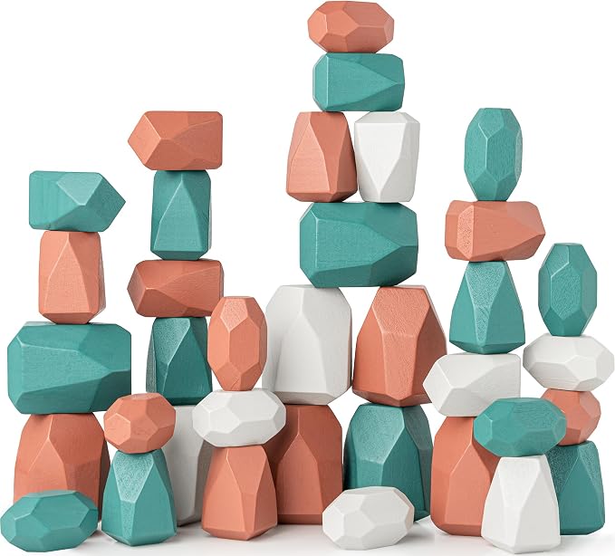 Comfy Cubs Stacking Rocks 36 Pieces, 36 Months+, Educational Toddler Stacking Blocks, Promotes Imagination, Balance & Fine Motor Skills - Wooden Rocks Sensory Toys Gift for Kid, Dino Pack
