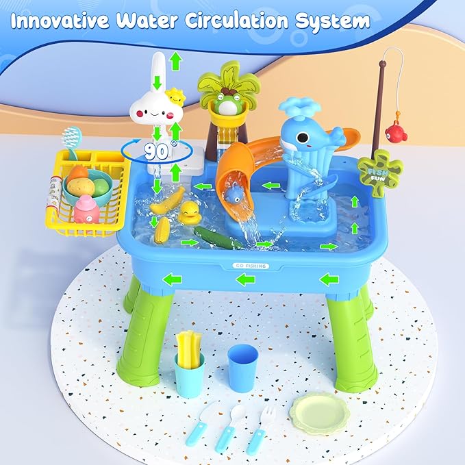 2026 Upgraded Water Table for Toddlers 1-3 - Outdoor Toys for Kids Ages 4-8 with Pump, Summer Outside Sensory Activity Pool Toys, Kitchen Play Sink Toy with Running Water, Fishing Toy, Blue