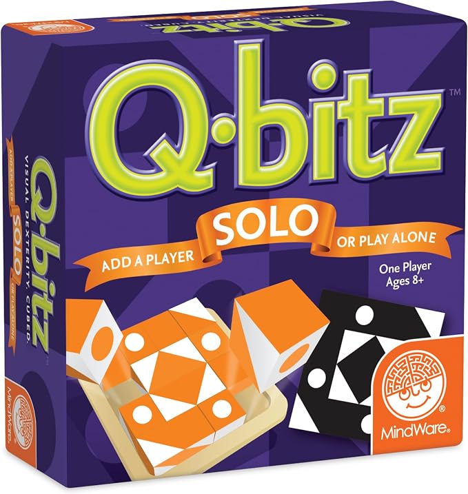 MindWare Q-bitz Solo Visual Puzzle Game | Logic challenges that level up as you solve. Includes 20 new Q-bitz cards and 16 challenge cubes. Ages 8+.