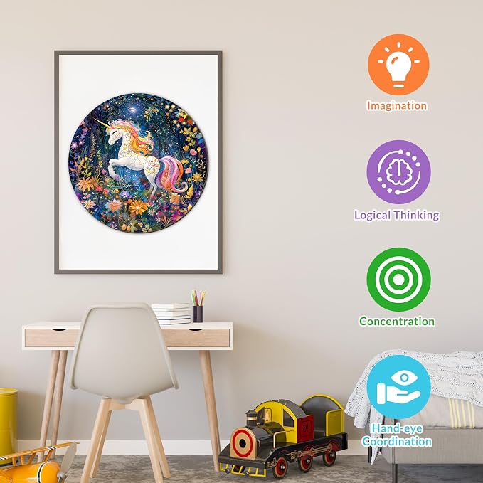 Rainbow Wooden Puzzles for Kids - Unicorn | 50 Piece Puzzles for Kids Ages 6-8, Kids Puzzles with Unique Animal Shapes, Round Gift for Girls and Boys (11.4 * 11.4 in)