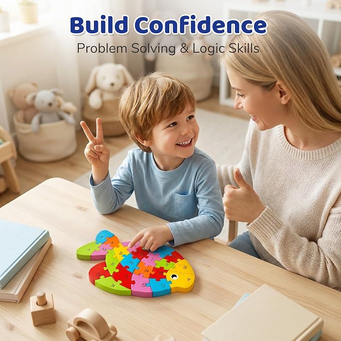 LovesTown Puzzle for Kids, Wooden, 3D Goldfish Shape | for Ages 3-5, Double-Sided, Alphabet Recognition, Number Counting, Fine Motor Skills, Montessori Educational Gifts