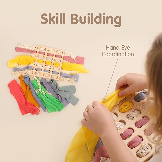 Eray Wooden Busy Board with Play Silks, Montessori Weaving Toy for Kids | Bus Fine Motor Skills Open Ended Toys Lacing and Weaving Toy Preschool Learning Activities