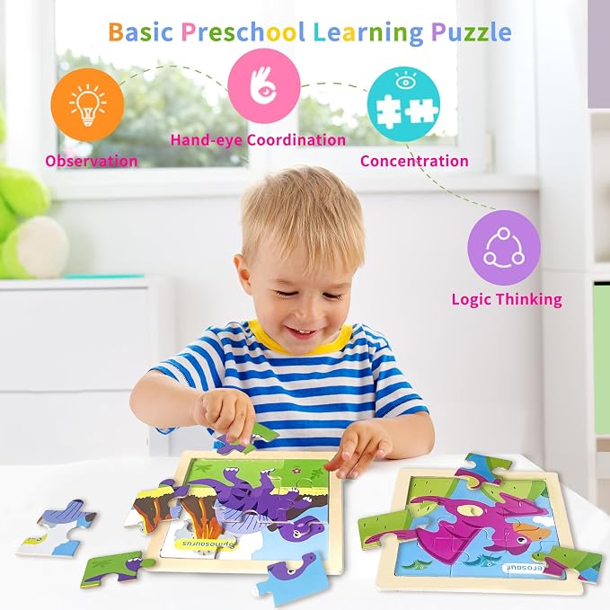 Wooden Puzzles for Toddlers 3+, 9 Pieces Dinosaur Jigsaw Puzzles for Kids Ages 3-5, Preschool Learning Activities, Learning & Educational Toys, Gifts for Boys, Girls
