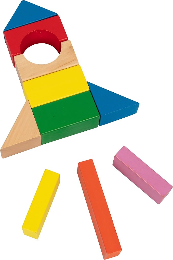 Right Track Toys Wooden Blocks - 100 Pc Wood Building Block Set with Carrying Bag (Rainbow Colored)- 100% Real Wood in 7 Colors and 14 Shapes - Stack, Build and Store- Fun Gift, Back to School Project