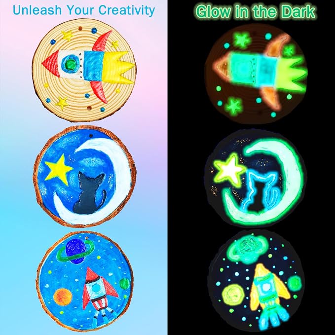 KIRKOTOY Wooden Painting Crafts Kit for Kids with Glow in The Dark | 24 Wood Slices, Arts and Crafts for Kids Ages 6-12, Party Activities Paint Kits, Creative Birthday Gifts for Boys Girls