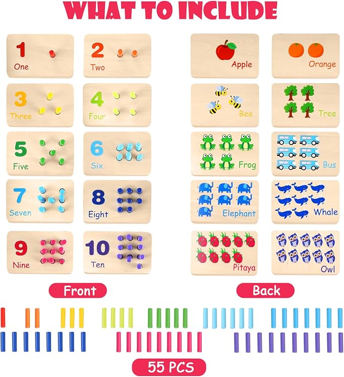 Wooden Counting Numbers Peg Board for Kids, Toddlers Montessori Math Toy 3+ | Thick 1-10 Double-sided Number Boards, 55 Colorful Counting Pegs, Preschool Educational Toy Early Math Learning Activity