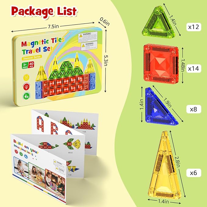 Mini Magnetic Tiles for Kids Travel: 40PCS Portable Building Blocks | Metal Storage Box & Visual Guide for 1-Minute Cleanup - Diamond Sparkle STEM Travel Toys for Toddlers Boys Girls Age 3-8