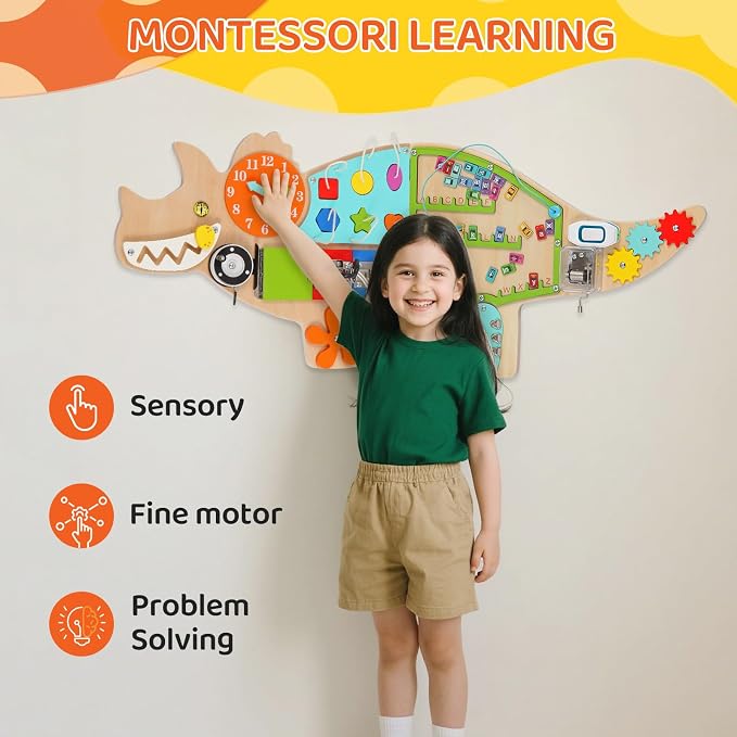 FIIOEOY Dinosaur Wall Busy Board,11-in-1 Montessori Wall Activity Board | Foldable Wooden Sensory Wall Panel for Kids, Wall-Mounted Busy Board, Perfect for Playroom, Daycare, Waiting Room & Nursery