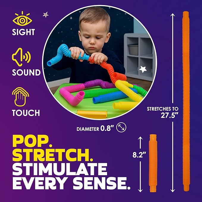 Nutty Toys Pop Tubes - Large 8-Pack Sensory Toys - Creative STEM Learning for Kids & Toddlers - Connect & Pop! Top ADHD Autism Fidget 2026, Best Boy & Girl Christmas Stocking Stuffers Gifts Idea