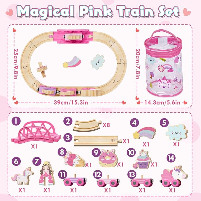 Lehoo Castle Pink Unicorn Wooden Train Set for Girls with Storage Bag | Compatible with Most Wooden Train Tracks, Expandable, Changeable Fantasy Railway Playset, Birthday Gift for Girls Ages 3+