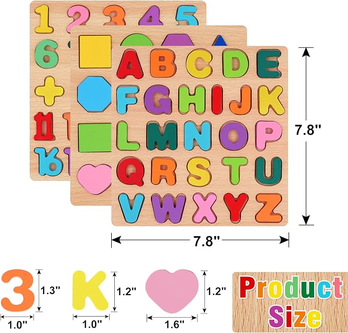 Attmu Alphabet Wooden Puzzles for Toddlers 3 Pcs ABC Shape Number Puzzle | Learning Toys for Kids, Preschool Educational Activities Toddler Gift Toys for Girls Boys Christmas Valentines Easter
