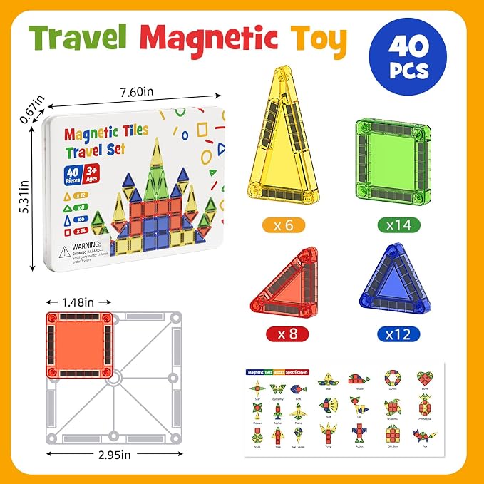 Mini Magnetic Tiles Travel Toys: Airplane Activities for Kids 3-8 | 40pcs Metal Box Play Base & Visual Storage Guide - Road Trip Essentials for Toddlers Quiet Games Portable Sets Must Haves