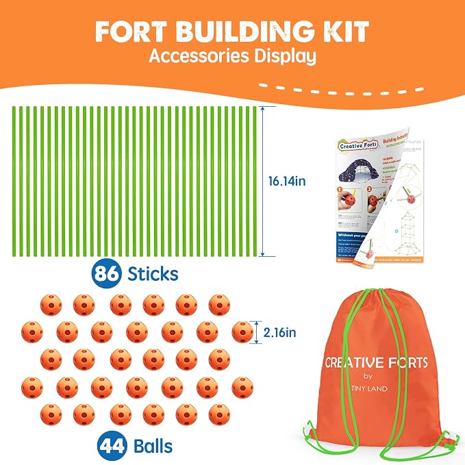 Tiny Land Fort Building Kit for Kids Ages 4-12, STEM Building Toy | 86 Rods & 44 Balls, Build Forts, Tunnels & Castles, Indoor/Outdoor Play, Storage Bag, STEM Gift for Kids