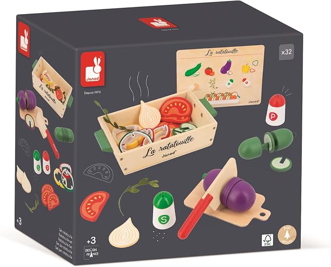 JANOD Ratatouille J06626 J06626 Set of 32 Kitchen Accessories with Recipe, Utensil and Imitation Vegetables, FSC Wooden Toy, Ages 3 and Above, Multi-Coloured