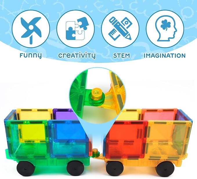 Mruikeny Magnetic Tiles Cars Construction Set - 4 PCS Magnetic Tiles Magnet Bricks Truck Sensory Toys, Educational Magnet Cars Set Building Blocks for 3 4 5 6 7 8+ Year Old Girls Boys
