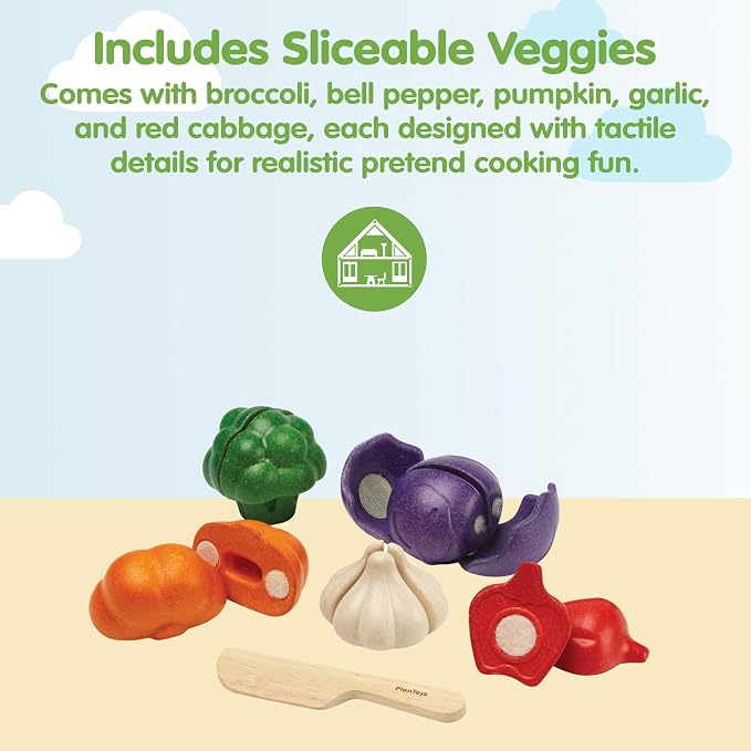 PlanToys 5 Wooden, Colorful Vegetable (Veggie) Food Playset (3431) | Sustainably Made from Rubberwood and Non-Toxic Paints and Dyes. | broccoli, pepper, pumpkin, garlic, cabbage, kids kitchen playset, girls, boys, fine motor imaginative role play gift set