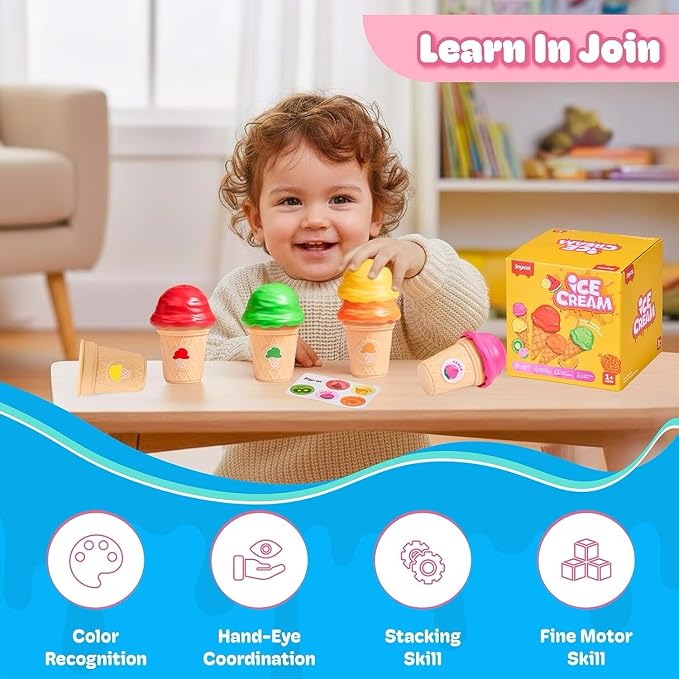 JoyCat Ice Cream Sorting and Stacking Pretend Play Toy Set, 5 Cones | Stack scoops, match colors and serve pretend ice cream while practicing counting and fine motor play