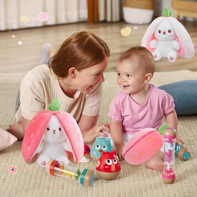 MIAODAM 13.7" Large Bunny Stuffed Animal,Squishy Cute Bunny Plush Toy | Reversible Transformable Strawberry Fruit Doll, Funny Christmas/Easter Plushies Gift for Kids & Girlfriend
