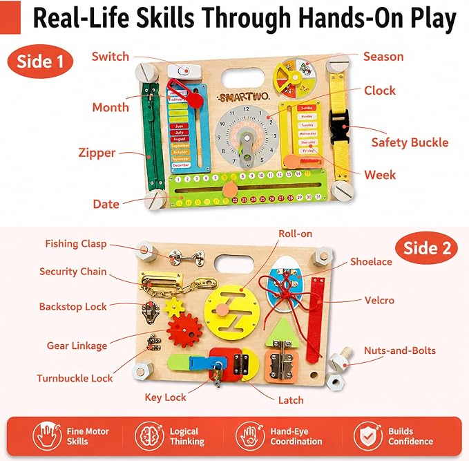 Montessori Busy Board for Toddlers 3+, Double Sided Sensory Board | 2-in-1, 20+Activities, Fine Motor Skills Toy, Calendar Learning Board, Life Skills Travel Toy